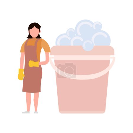 Illustration for The girl is standing next to a bucket. - Royalty Free Image
