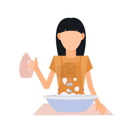 Illustration for The girl is pouring detergent into the tub. - Royalty Free Image