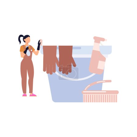 Illustration for The girl is standing next to the cleaning bucket. - Royalty Free Image