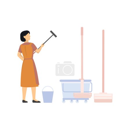 Illustration for The girl is holding a floor wiper. - Royalty Free Image