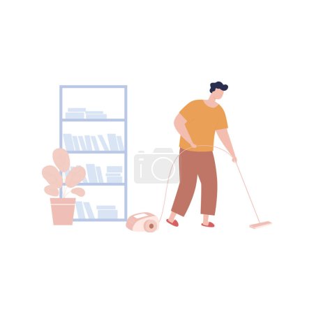 Illustration for A boy sweeps the floor with a hoover. - Royalty Free Image