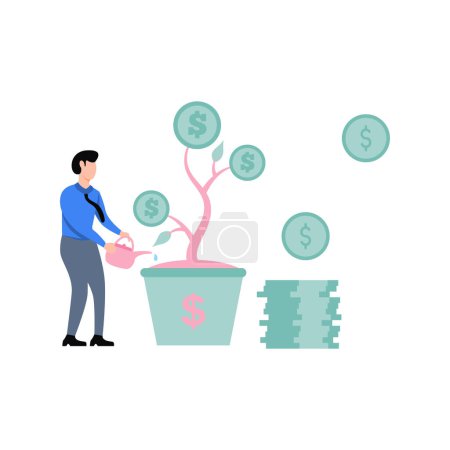 Illustration for The boy is watering the dollar plant. - Royalty Free Image