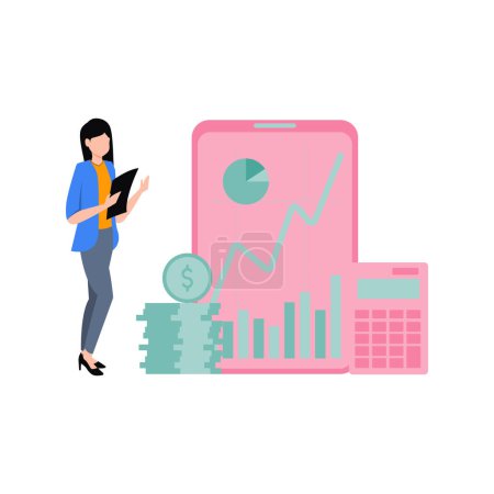 Illustration for The girl is looking at the dollar graph. - Royalty Free Image