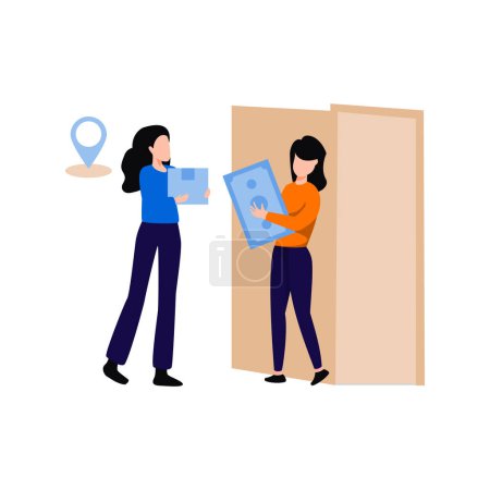 Illustration for The girl is delivering the parcel to the door. - Royalty Free Image