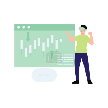 Illustration for A guy wearing VR goggles looks at a trading graph. - Royalty Free Image
