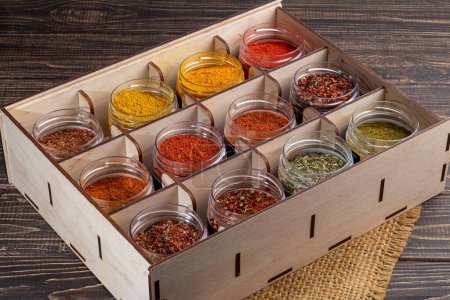 A set of spices on a light background in a glass bowl. Enhancement of taste. copy space