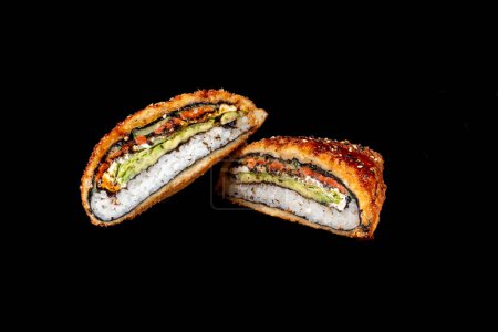 delicious fresh sushi burgers on a dark background for food delivery website. Copy space