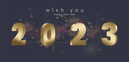 Illustration for Happy New Year 2023 in gold 3Ds Letters designs on dark BOKEH light effects background. - Royalty Free Image