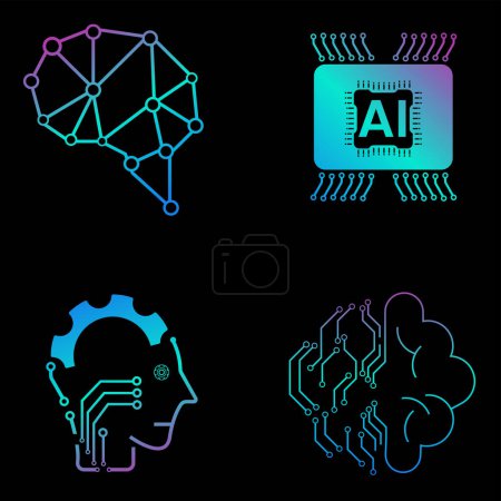 Illustration for SET of Four technology icons vector, AI vector concept, 4 icons of AI generation illustration symbol, AI icons set for Artificial intelligence on dark backgroun - Royalty Free Image