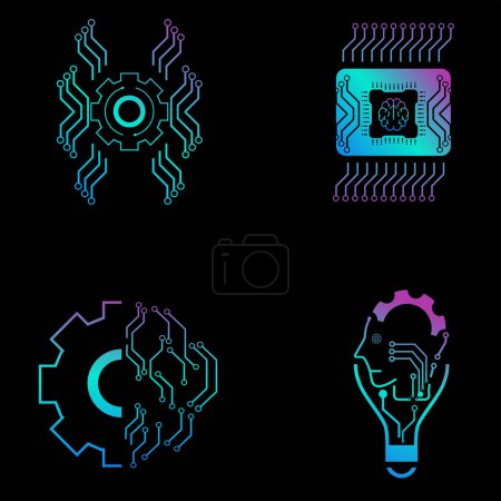 Illustration for Set of Technology icons vector for Brain AI concepts, and AI vector design for website, UX and UI styles, Four icons of AI generation illustration symbol, on dark backgroun - Royalty Free Image