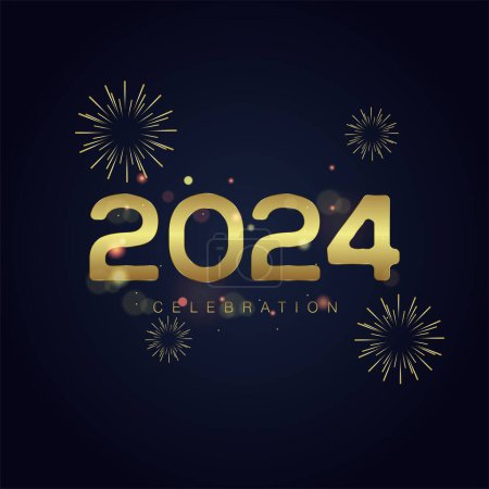 Ilustración de Conceptos de celebración 2024 para el diseño de banners y fuegos artificiales dorados sobre degradado aislado sobre fondo negro - Imagen libre de derechos