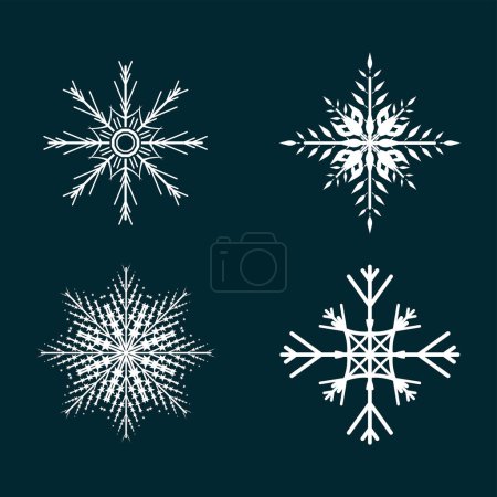 Ilustración de 4 diferentes Iconos de nieve plana, silueta. Bonito elemento para la bandera de Navidad, tarjetas. Año nuevo ornamento concepto vector - Imagen libre de derechos
