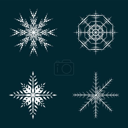 Ilustración de Cuatro diferentes iconos de nieve plana, silueta. Bonito elemento para la bandera de Navidad, tarjetas. Año nuevo ornamento concepto - Imagen libre de derechos