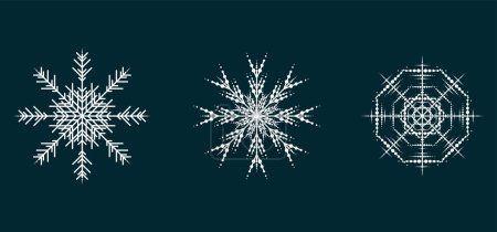 Ilustración de Grupo de colección de copos de nieve blandos aislados sobre fondo negro. Set Iconos planos de nieve, silueta. Bonito elemento para la bandera de Navidad, tarjetas. Los conceptos de adornos de año nuevo - Imagen libre de derechos