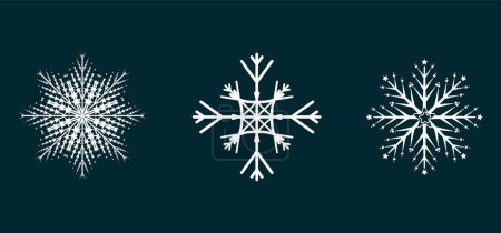 Ilustración de Set Iconos planos de nieve, silueta. Bonito elemento para la bandera de Navidad, tarjetas. Los conceptos de adornos de año nuevo. Grupo de colección de copos de nieve suaves aislados sobre fondo negro - Imagen libre de derechos