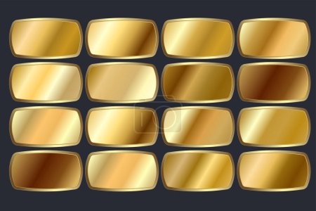 Set von metallischen Goldverläufen und Gold-Formknöpfen, Gruppe von Luxus-Goldfarbmustern auf isoliertem Weiß. Vektorillustration. Gold-Form-Symbol, Premium-Tasten
