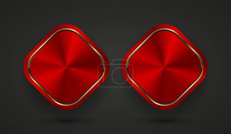 Ilustración de 2 Plantilla de botones rectángulos abstractos rojos con textura metálica (cromo, acero, plata, cobre), metral realista sobre fondo oscuro para diseño de interfaz de usuario web - Imagen libre de derechos