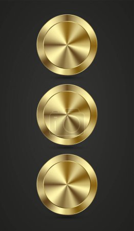 Ilustración de Tres colección de lujo realista brillante anillo círculo de oro de metal en verde pulsar el botón para el sitio web, 3 elementos abstractos de la insignia de diseño aislado sobre fondo negro - Imagen libre de derechos