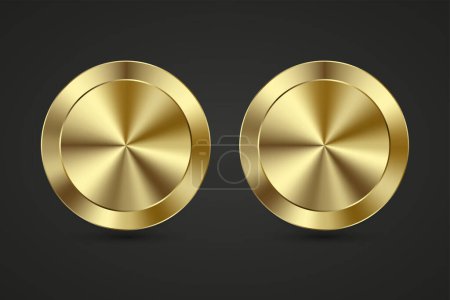 Ilustración de Dos anillo de círculo dorado de metal brillante realista de lujo en botón verde para el sitio web, diseño de 2 elementos de insignia abstractos aislados en fondo negro - Imagen libre de derechos