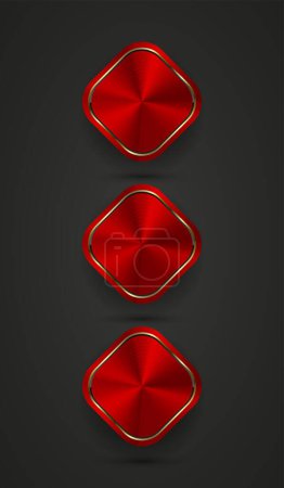Ilustración de Tres de Red plantilla de botones rectángulos abstractos con textura metálica (cromo, acero, plata, cobre), 3 botones métricos realistas sobre fondo oscuro - Imagen libre de derechos