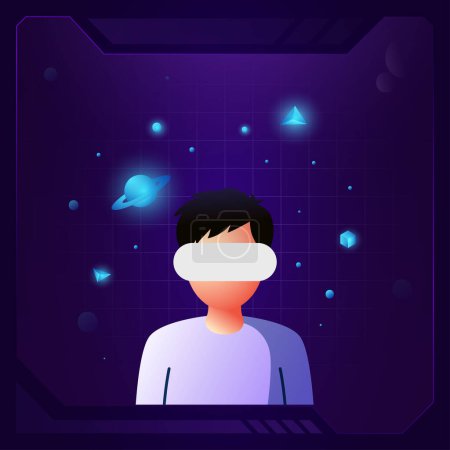 Illustration for A man with virtual glasses opening a virtual screen in metaverse - vector 3d icon design - Royalty Free Image