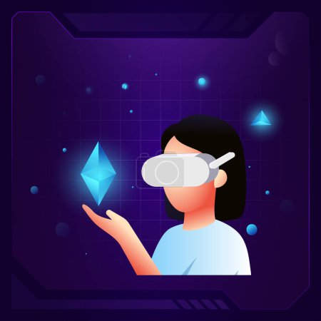 Illustration for A Girl with VR Glasses exploring Cryptocurrency symbols -vector 3d icon design - Royalty Free Image