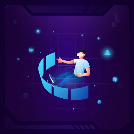Illustration for 3D Man wearing virtual reality glasses and floating in the virtual world and Metaverse- vector 3d icon design - Royalty Free Image