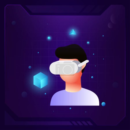 Illustration for A boy with VR Glasses exploring Cube -vector 3d icon design - Royalty Free Image
