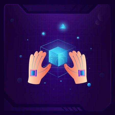 Illustration for Metaverse - 3D icon with Cube and Haptic Glove - vector illustration - Royalty Free Image