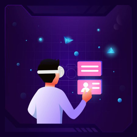 Illustration for A man with virtual glasses opening a virtual screen in metaverse - vector 3D icon design - Royalty Free Image