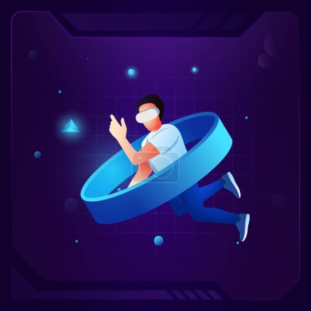 Illustration for 3D Man wearing virtual reality glasses and floating in the virtual world and Metaverse- vector icon 3d design - Royalty Free Image