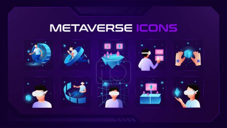 Illustration for Metaverse icon set with AR, VR, MR Gaming, NFT, Cryptocurrency and Futuristic Cyber and Blockchain metaverse concept- Vector 3D icon Design - Royalty Free Image
