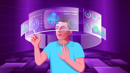 A young man exploring and visualizing the Cloud data, Blockchain, Infographics, Cryptocurrency, NFTs, Future innovations and Communication concepts with Metaverse Digital Virtual Reality Technology 