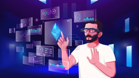 Ein junger Mann erforscht und visualisiert die Kryptowährung, NFTs, Blockchain, Infografik und zukünftige Kommunikationskonzepte mit Metaverse Digital Augmented Reality Technology -Vektor-Illustration