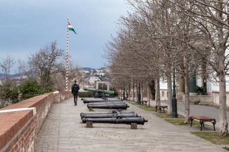Téléchargez les photos : BUDAPEST, HONGRIE - 14 MARS 2023 : Exposition ouverte d'anciens canons du Musée militaire sur les murs du château de Buda. - en image libre de droit