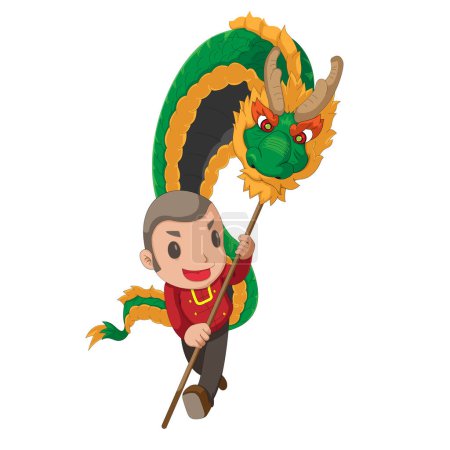 Téléchargez les illustrations : Chine Garçon Marionnette Dragon Danse personnages de bande dessinée vecteur - en licence libre de droit