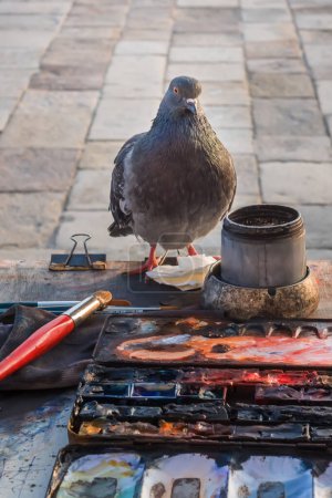 Foto de Paleta de artistas, pinturas, pinceles y una paloma que ayuda al artista en Venecia, Italia. Fotografía de género - Imagen libre de derechos