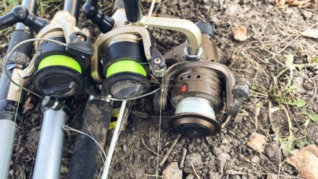 fishing gear on the bank of an overgrown river, on a sunny day