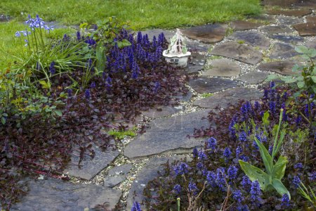 Téléchargez les photos : Chemin de jardin pavé de pierre et fleurs - printemps - en image libre de droit
