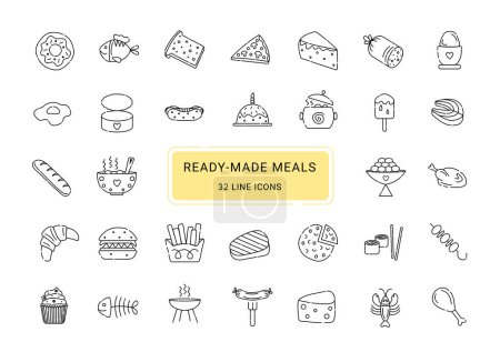 Téléchargez les photos : Repas prêts, 32 icônes vectorielles de ligne - en image libre de droit