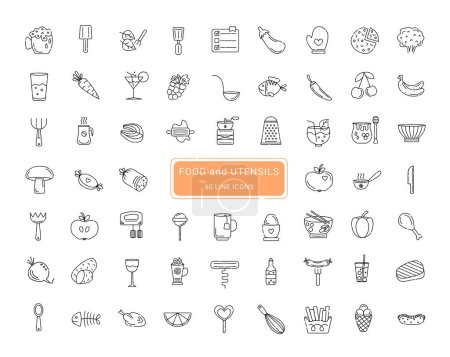 Illustration for Food and utensils signs, 60 items, line vector icons set - Royalty Free Image