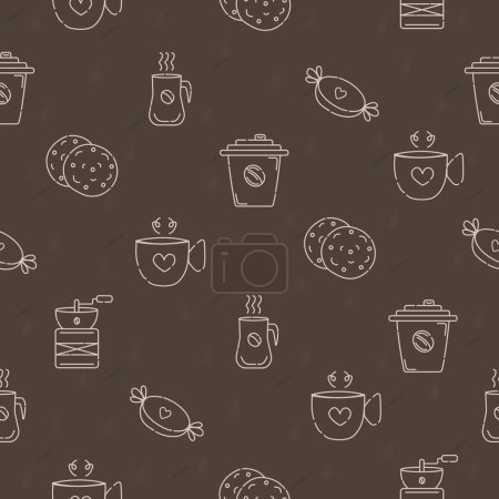 Téléchargez les photos : Coffee items, dark beige vector seamless pattern - en image libre de droit