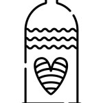 Decorated condom, vector black line illustration, icon