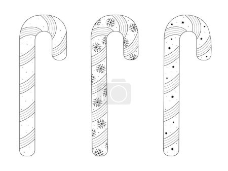Illustration for Striped candy canes, decorated winter caramel sweets, black line set - Royalty Free Image