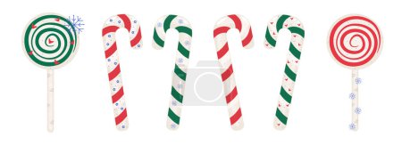 Illustration for Caramel sweets, round lollipops and candy canes, colorful Christmas set - Royalty Free Image