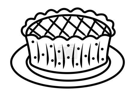 Braided pie on a plate, black line vector doodle