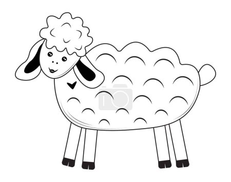 Cute sheep, curious and happy farm animal, vector black and white illustration