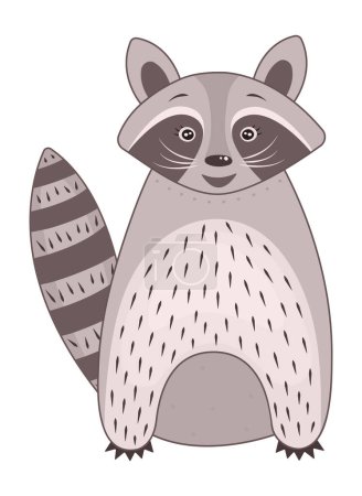 Happy cute raccoon stands and smiles, vector color illustration
