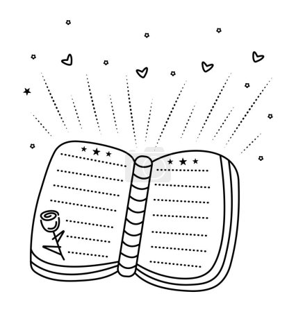 Illustration for Black line magical open book, cute vector monochrome doodle - Royalty Free Image