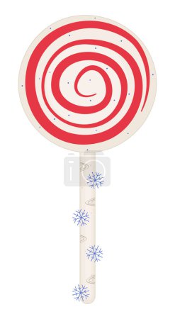Téléchargez les photos : Round lollipop on a stick, cute circle candy with a red swirl, winter caramel with a spiral and snowflakes, groovy color vector illustration - en image libre de droit
